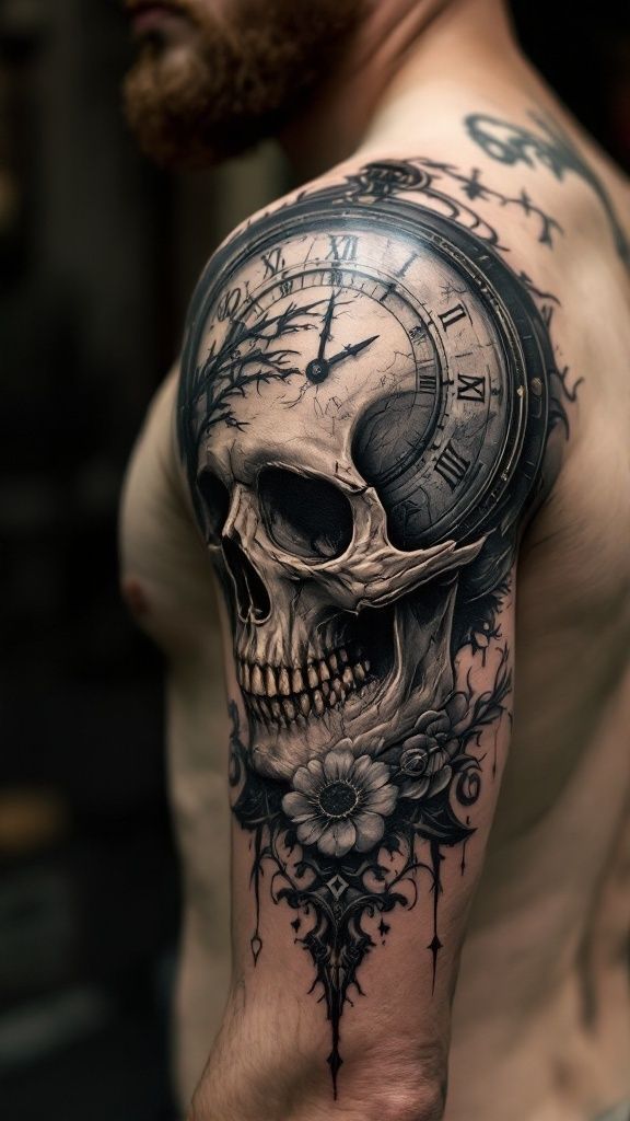 Arte de tatuagem 1 - Caveira Relógio Sombrio