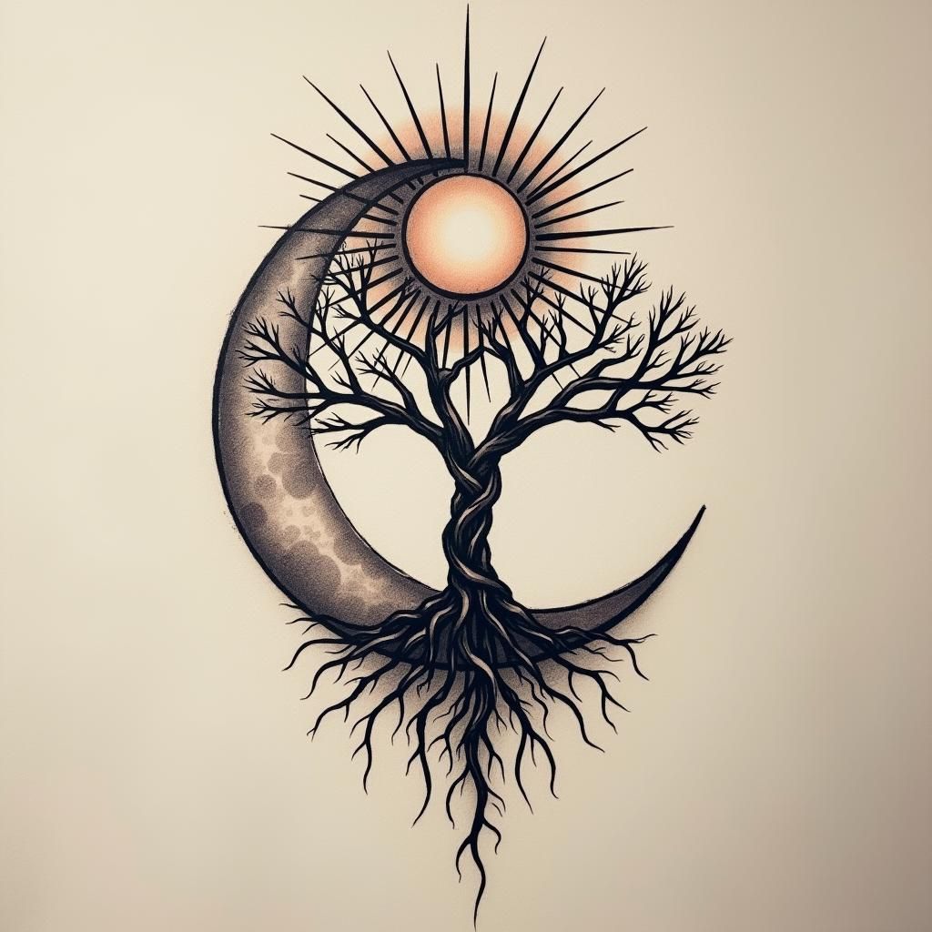 Arte de tatuagem 2 - Árvore da Vida, Sol e Lua